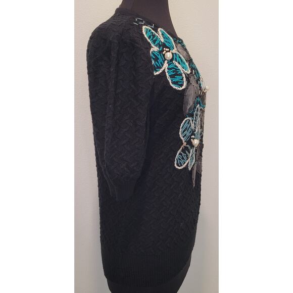 VTG 80s Black Knit Blouse Embroidered Appliqué Women’s Sz M Boho Retro Statement - Picture 3 of 8